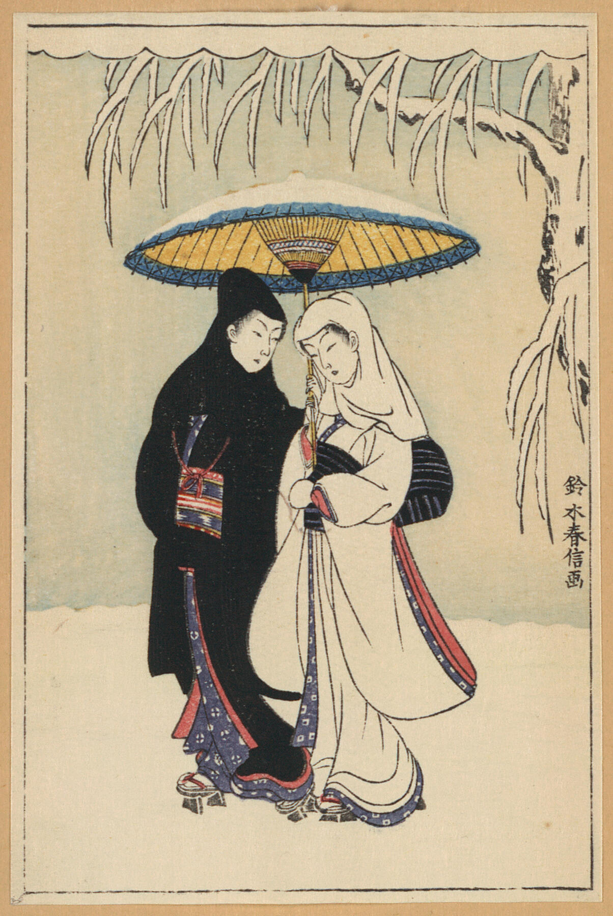 Suzuki Harunobu, 雪中相合傘 | "Couple Under Umbrella in the Snow (Crow & Heron)"